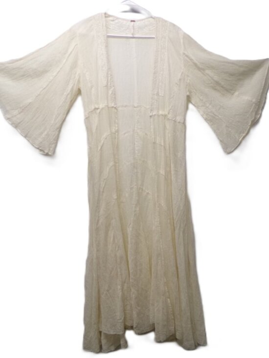 Free People Jackets & Blazers - Free People Sheer Cotton Ivory Kimono Duster Maxi Boho Festival Flare Sleeves S